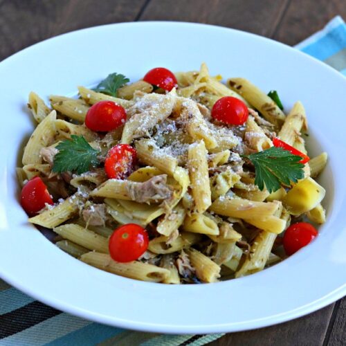 One Pan Tuna Pesto Pasta no boiling and no draining needed!